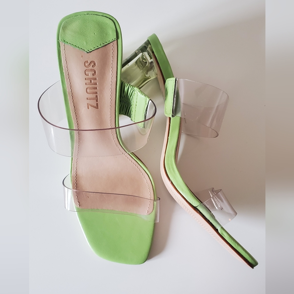 Schutz Women's High Heeled Sandals with Clear Straps in Lime Green